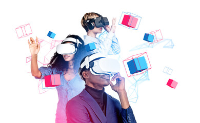 Poster - business people in vr glasses, working with data blocks in metaverse
