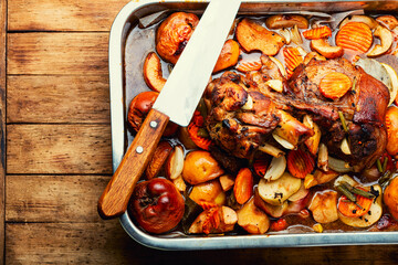 Wall Mural - Baked meat with autumn fruits