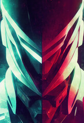 Wall Mural - Portrait of a scifi robot with red and cyan lighting, digital illustration