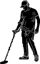 Treasure Hunter Using A Metal Detector Line Art Vector, Outline Sketch Drawing Of Archaeologist Using Metal Detector, Metal Detector Man Cartoon Doodle Drawing