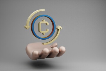 Poster - Beautiful abstract illustrations Golden Hand Holding Cryptocurrency Coin symbol icon on a gray background. 3d rendering illustration. Background pattern for design.