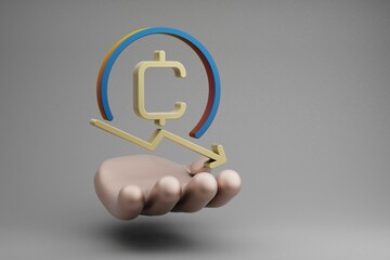 Leinwandbilder - Beautiful abstract illustrations Golden Hand Holding Cryptocurrency Coin Down symbol icon on a gray background. 3d rendering illustration. Background pattern for design.