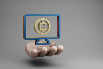 Fototapete - Beautiful abstract illustrations Golden Hand Holding Cryptocurrency Token symbol icon on a gray background. 3d rendering illustration. Background pattern for design.