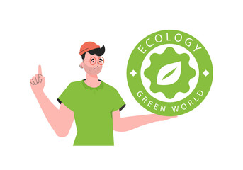 A man holds the ECO logo in his hands. The character is depicted to the waist. The concept of green energy and ecology.   trendy style.  .