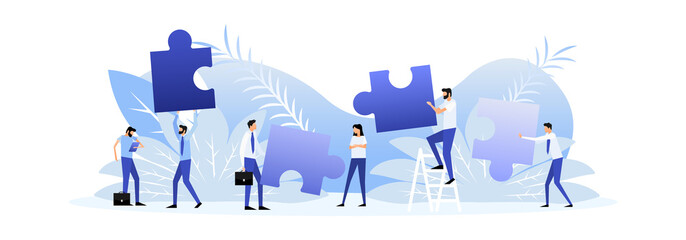 Hands putting puzzle pieces. Teamwork concept. Vector illustration.