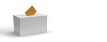 Brown Empty Voting Envelope Into Ballot Box On White Background, Copy Space. Realistic 3D Render Illustration. Democratic Election Concept. Confidential Vote Bulletin. Political Theme, Side View