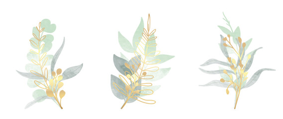 Fototapete - Set of watercolor botanical element vector. Luxury foliage collection of leaf branch, eucalyptus leaves, flowers, with gold line art. Elegant collection for wedding, invitation, decorative, card.