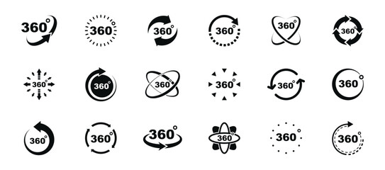 360 degrees view icon set. Signs virtual reality, panoramas and 360 degrees rotating. Icons with arrows and circles indicating turn 360 degree view. Vector illustration.