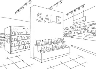 Grocery store shop interior black white graphic sketch illustration vector 
