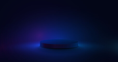 Poster - Blue product cylinder display mockup on dark blue scene background. Vector illustration