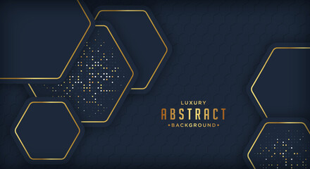 Abstract dark hexagon shape with golden glowing frame and shimmering glitters. Vector illustration.