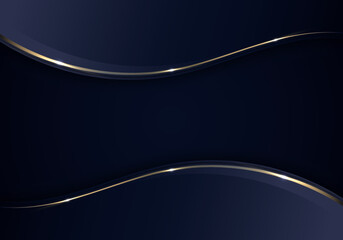 Banner web template abstract blue and golden wave curved lines overlapping layer design on dark blue background luxury style