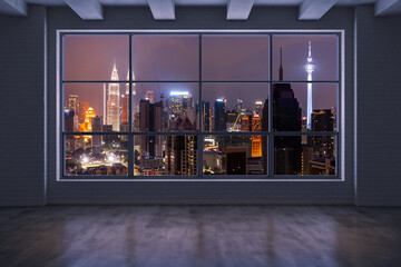 Empty room Interior Skyscrapers View Malaysia. Downtown Kuala Lumpur City Skyline Buildings from High Rise Window. Beautiful Expensive Real Estate overlooking. Night time. 3d rendering.