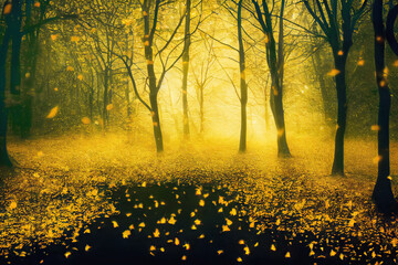 Wall Mural - autumn in enchanted forest, yellow leaves falling to the ground, mysterious golden fog. generative a