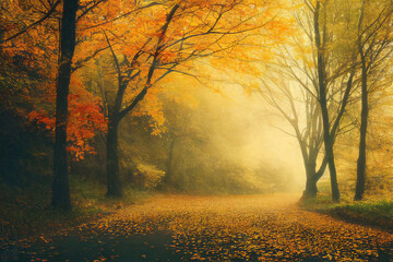 Wall Mural - misty morning in a park during fall, colourful trees, fallen leaves and thick fog. generative ai ill