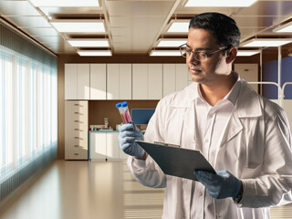 Poster - medical worker with plastic flasks. man doctor is holding clipboard. human blood test concept. docto