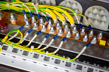 Poster - electrical wires are connected to copper bar. electrical panel inside view. modern power wiring. ele