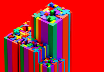 Poster - Childrens building blocks. Geometric modules. Mosaic abstract scenery. Puzzle concept for child development. Colorful isometry figures. Three-dimensional mosaic. Childrens mosaic towers. 3d image.