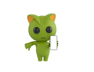 Poster - Green Monster character show his phone and give thumb down in 3d rendering.