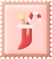 Sticker - Christmas Postage Stamp with Christmas Sock 3D Icon Graphic Illustration on Transparent Background