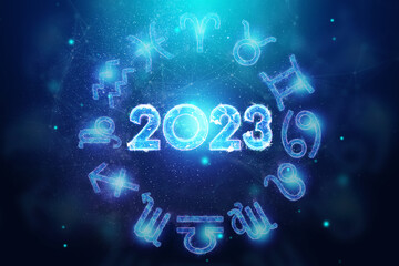 Happy new year 2023 surrounded by zodiac signs. new calendar year. Magazine style, banner, site header, web poster, Poster. 3D illustration, 3D render.