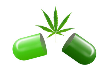 Wall Mural - Cannabis leaf with medicine capsule pill isolated on white background.