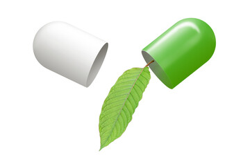 Sticker - Kratom  powder capsule with kratom leaf (Mitragyna speciosa)  isolated on white background.