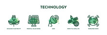 Set Of 5 Thin Line Technology Icons. Outline Icons Including Ecologic Electricity, Frontal Solar Panel, Dish, News Via Satellite, Worlwide News Vector. Can Be Used Web And Mobile.