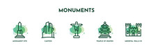 Set Of 5 Thin Line Monuments Icons. Outline Icons Including Monument Site, Canyon, , Temple Of Heaven In Beijing, Medieval Walls In Avila Vector. Can Be Used Web And Mobile.