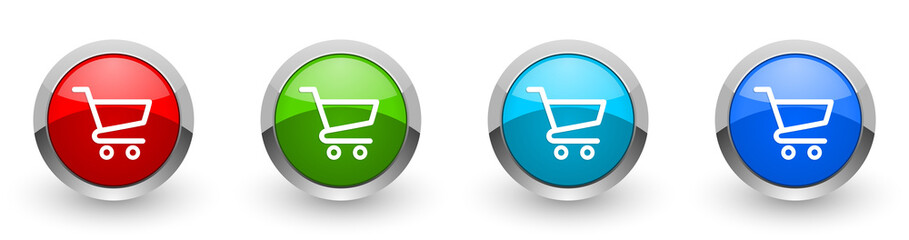 Leinwandbilder - Shop web icons, set of silver metallic shopping cart, business concept round buttons isolated on white background