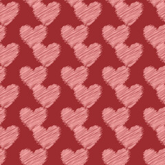 Wall Mural - Cute scribbled hearts seamless repeat pattern. Vector, love signs all over surface print on red background.