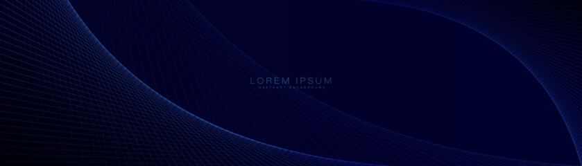 Abstract blue curve perspective grid on dark background. Modern blue mesh lines pattern. Technology futuristic concept. Suit for banner, template, cover, presentation, web, flyer. Vector illustration