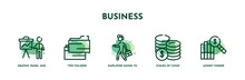 Set Of 5 Thin Line Business Icons. Outline Icons Including Graphic Panel And Man, Two Folders, Employee Going To Work, Stacks Of Coins, Money Finder Vector. Can Be Used Web And Mobile.