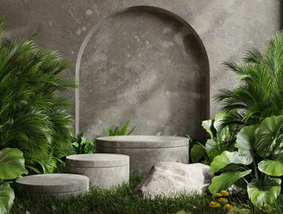Wall Mural - Concrete platform in tropical forest for product presentation and cement wall.