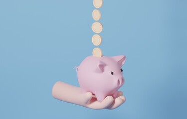 Hand holding piggy bank to receive coins, money savings with income management concept, 3d render illustration.