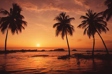 Wall Mural - tropical beach with palm trees at sunset