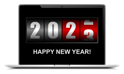Aufkleber - Happy new year 2023 vector illustration with counter on notebook screen