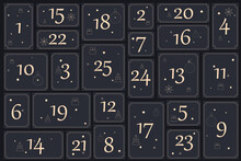 Advent Calendar With 25 Cells In Black Gold Color With Graphic Elements