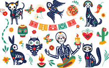 Mexican Animal Skulls, Festive Dog, Bird Cat And Owl. Animals And Human Skeleton, Halloween Celebration Spooky Cute Characters. Nowaday Day Of Dead Vector Elements