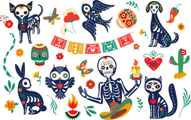 Mexican animal skulls, festive dog, bird cat and owl. Animals and human skeleton, halloween celebration spooky cute characters. Nowaday day of dead vector elements