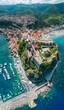 Aerial view of Scilla, Reggio Calabria, Calabria. Promontory at the northern entrance of the Strait of Messina. Ruffo Castle and lighthouse. Tyrrhenian Sea. Italy