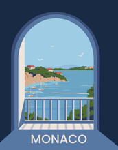 Monaco Poster Landscape. Coast Scenic View In Windows. Vector Illustration With Minimalist Style.