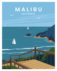 Wall Mural - Malibu California beach poster landscape. vector illustration with minimalist style. 