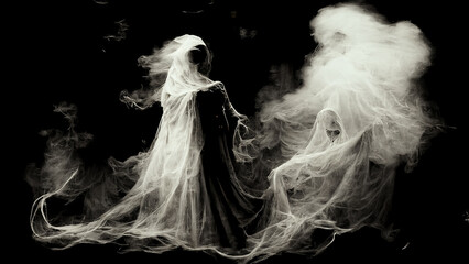 Wall Mural - Abstract scary ghost of a woman made from smoke. Halloween background. Digital art