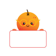 Wall Mural - cute cartoon style orange fruit character holding in hands blank card, banner.