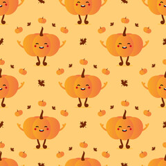 Wall Mural - vector seamless pattern background with orange pumpkin character juggling little pumpkins and maple 