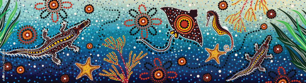 Underwater concept aboriginal dot painting Stock Vector | Adobe Stock