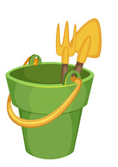 Wall Mural - Sandbox toys. Child bucket with plastic shovel and rake