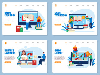 Poster - online library landing. training courses and distance education students reading books and learning 