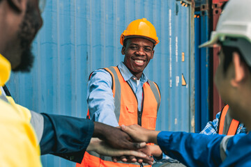 Container working gathering in circle for a daily meeting before start their day.